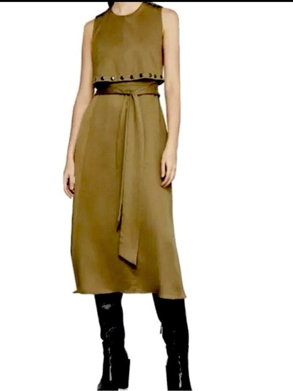 BCBGMaxAzria Olive Sleeveless Tie-Waist Midi Dress